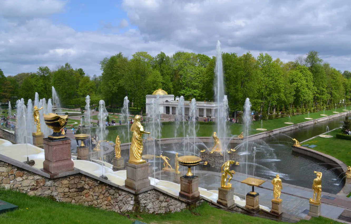 Фото обои лето, деревья, парк, золото, фонтан, статуи, зеленная трава, фонтаны Петергофа