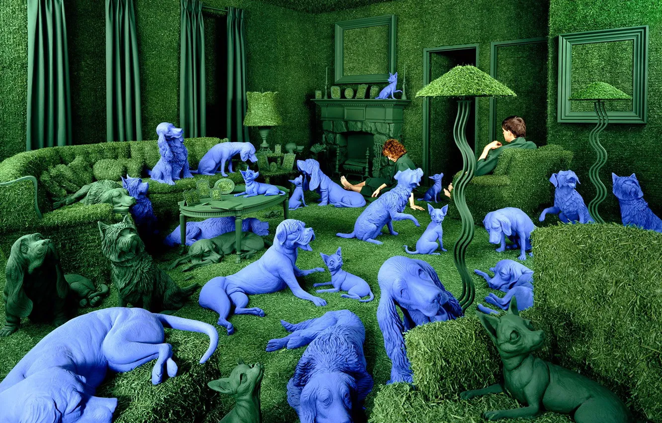 Фото обои Sandy Skoglund, навязчивые идеи, синие собаки, зеленая комната