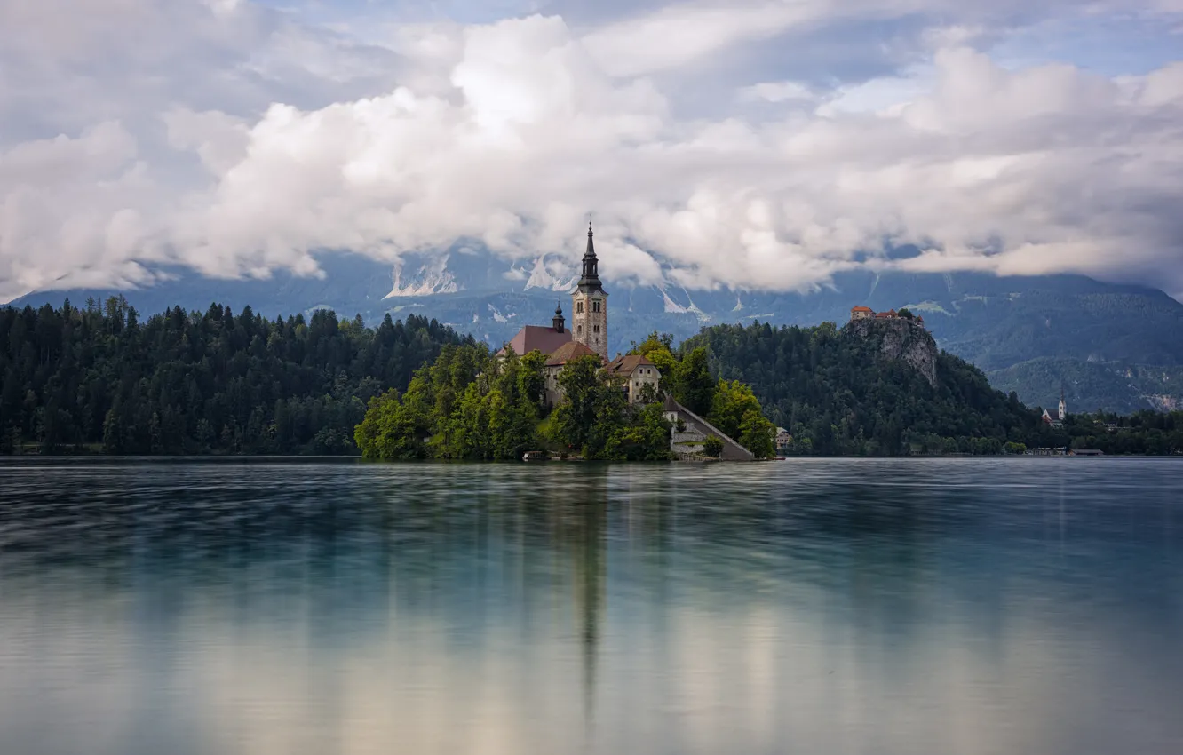 Фото обои небо, облака, озеро, остров, церковь, Словения, Slovenia, Блед