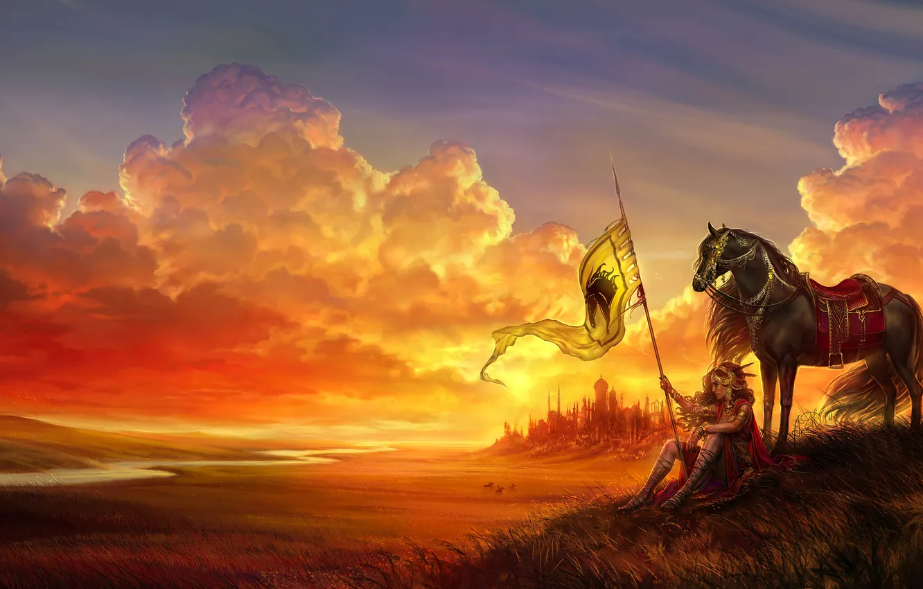 Фото обои девушка, пейзаж, закат, лошадь, доспехи, флаг, арт, грива