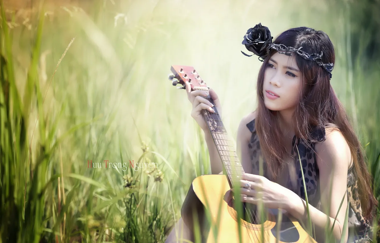 Фото обои девушка, музыка, гитара, азиатка