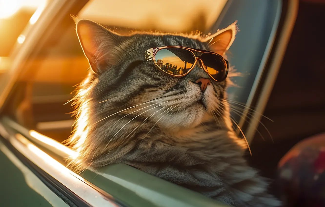 Фото обои машина, кошка, лето, кот, взгляд, морда, солнце, свет