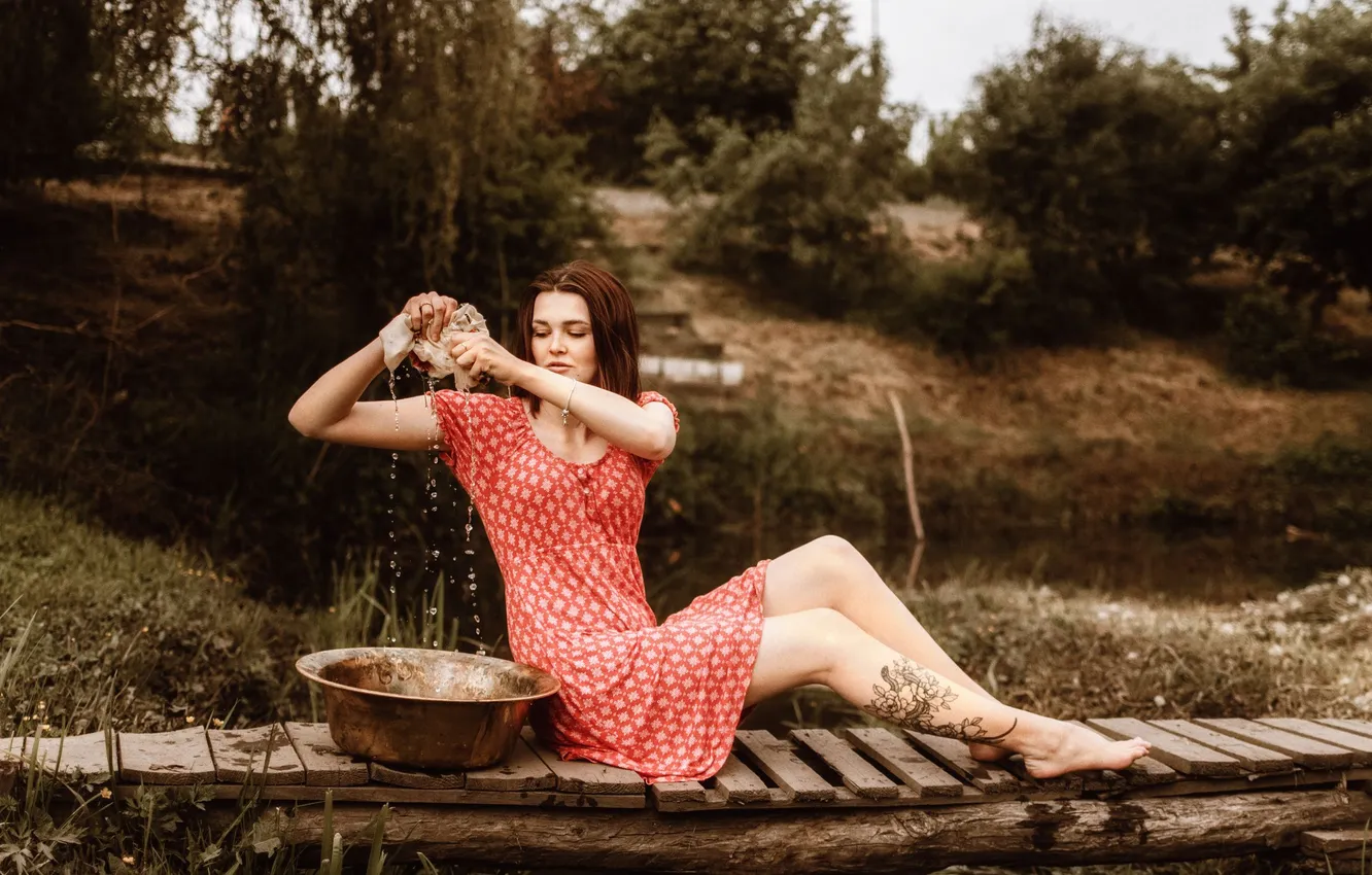 Фото обои девушка, природа, ноги, модель, тату, Виталий Шевченко, Laundry day