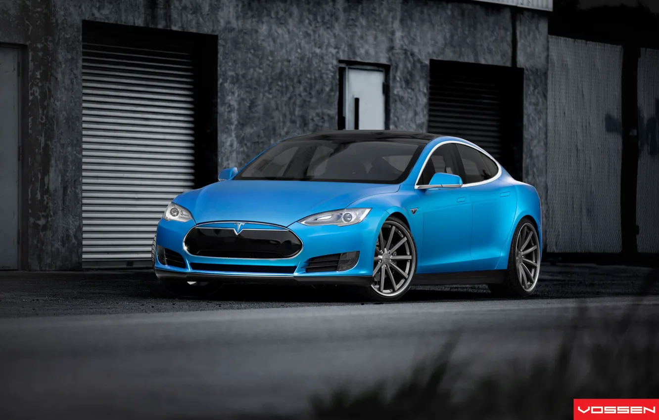 Фото обои красивая, диски, спереди, blue, голубая, Tesla, Model S, 22 дюйма
