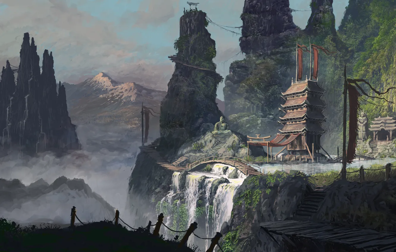 Фото обои горы, азия, человек, арт, храм, мосты