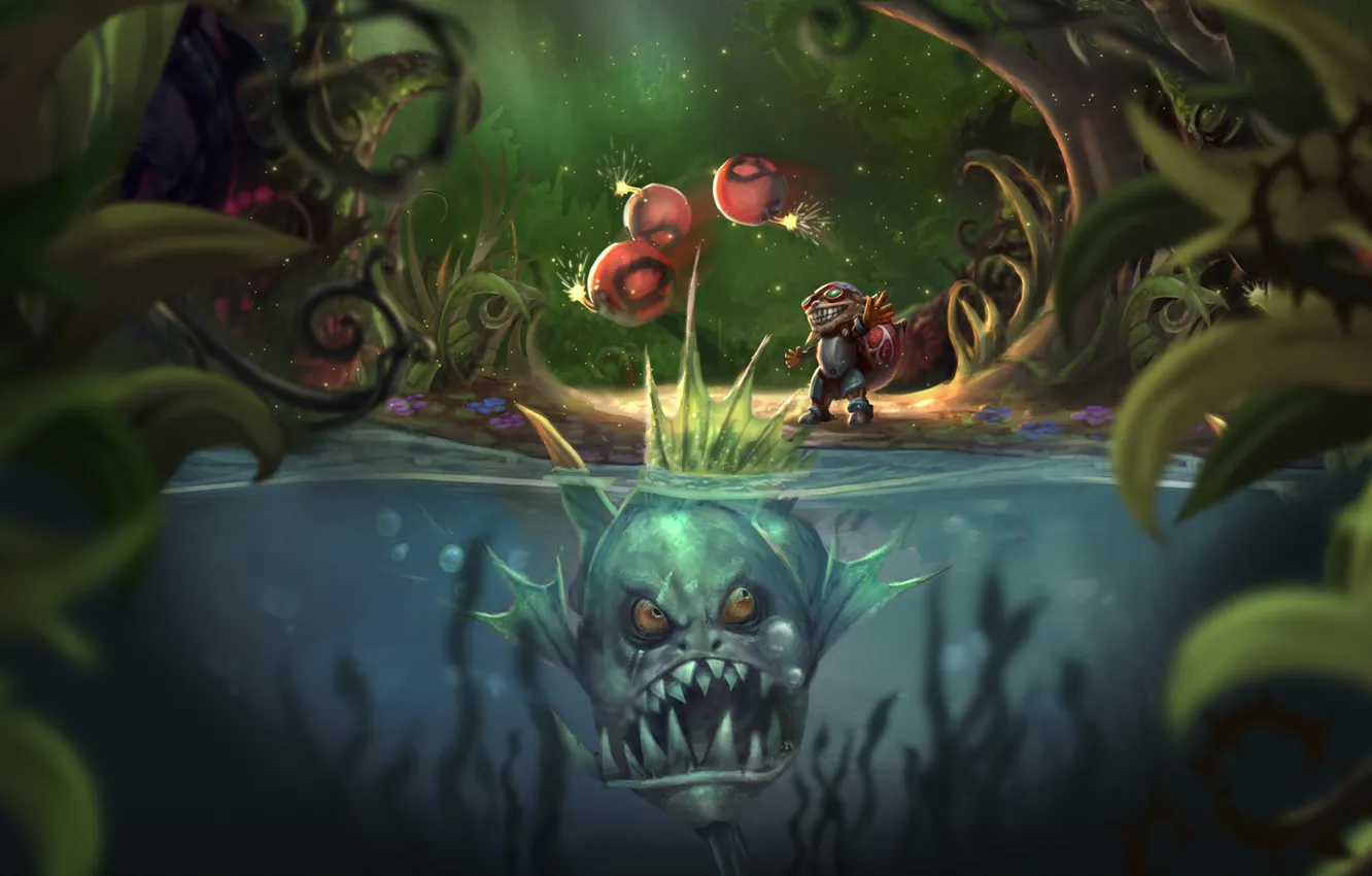 Фото обои озеро, рыба, клыки, бомбы, пиранья, League of Legends