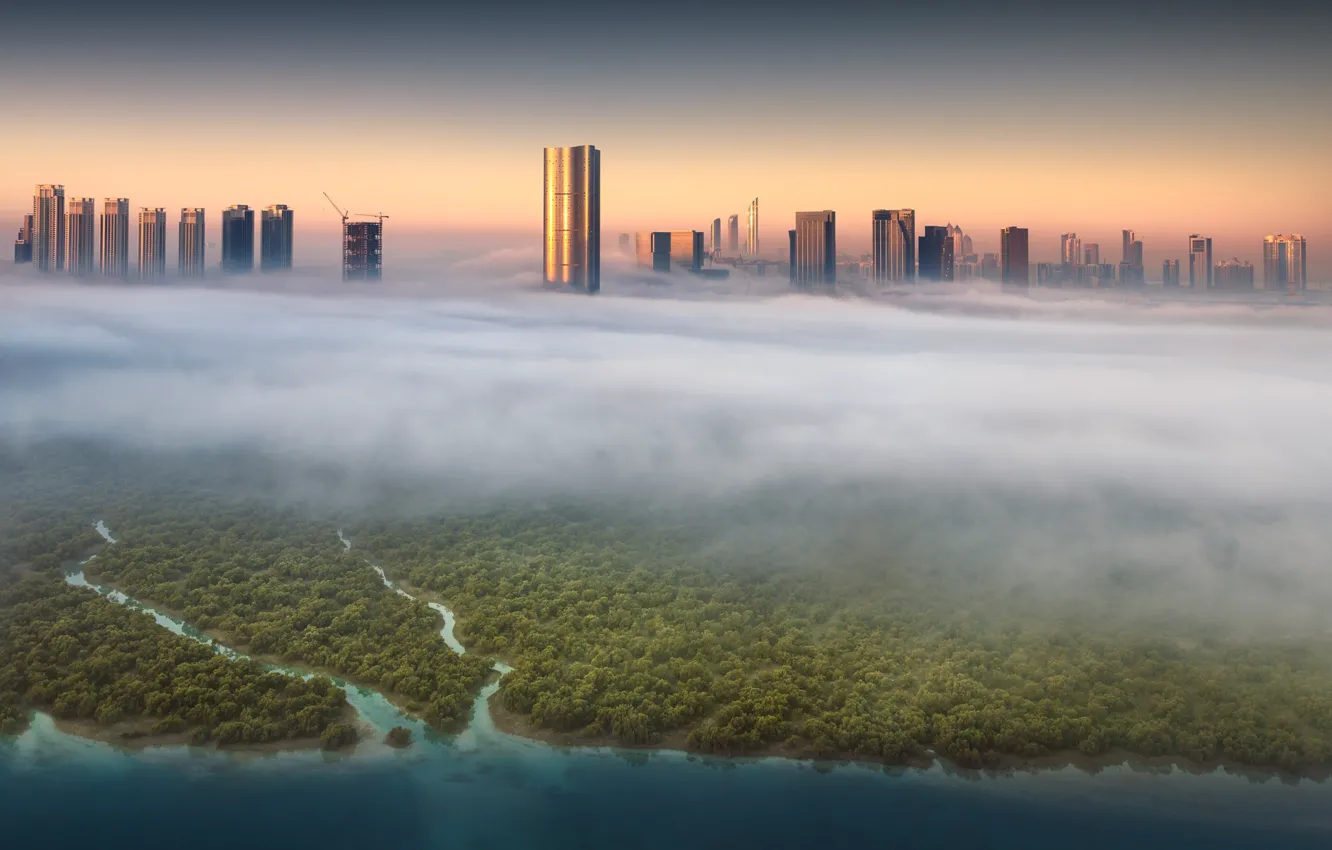 Фото обои свет, город, туман, здания, утро, Кувейт