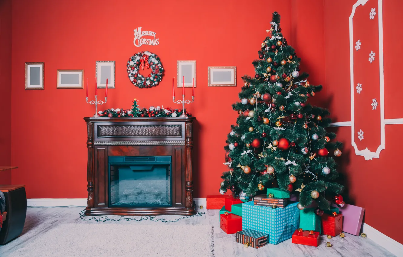 Фото обои украшения, игрушки, елка, Новый Год, Рождество, подарки, камин, Christmas