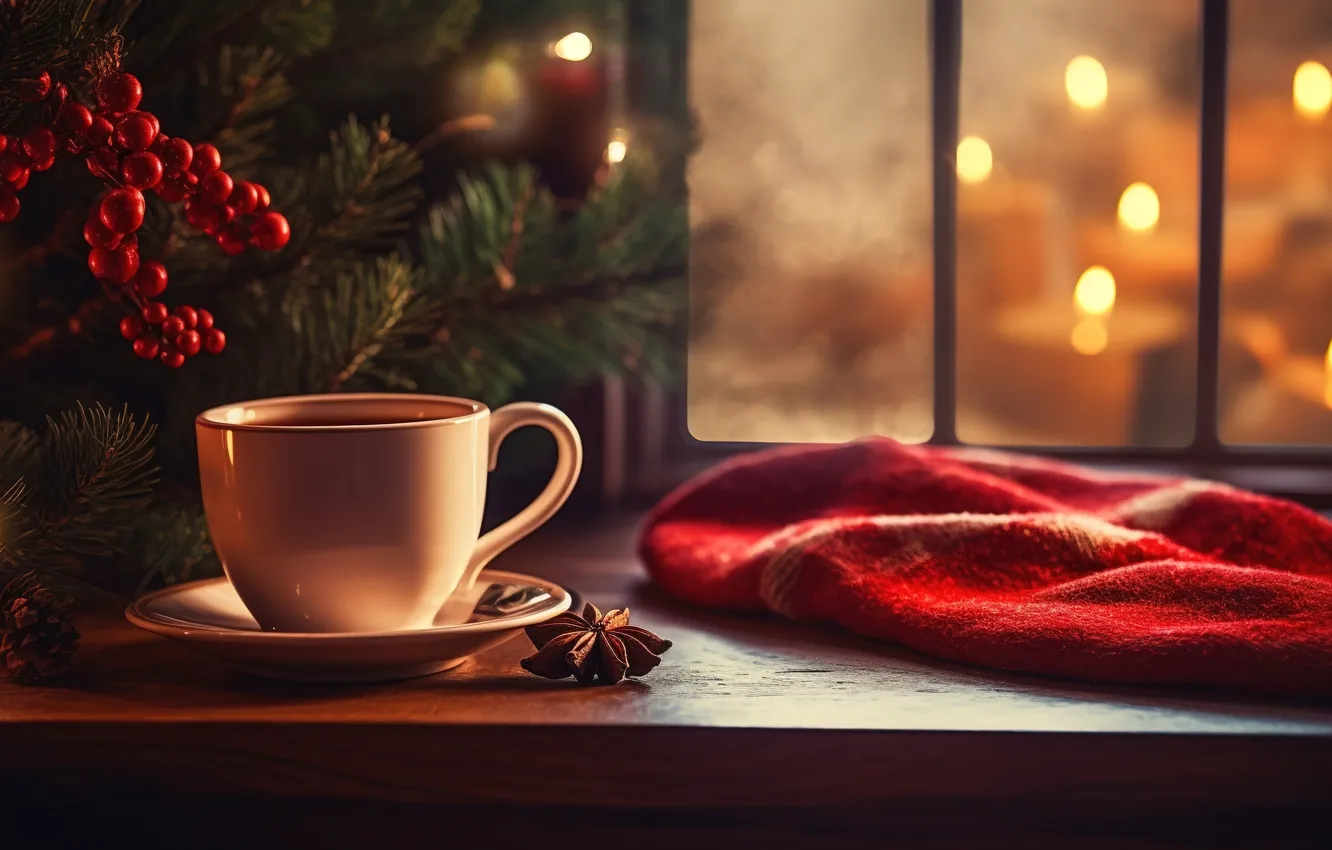 Фото обои зима, ночь, елка, свеча, Новый Год, окно, Рождество, чашка