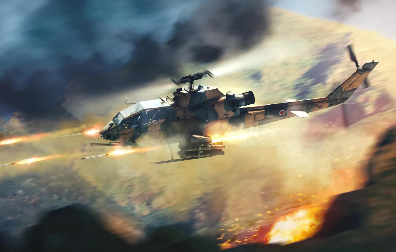 Фото обои Игра, Вертолет, Ракеты, Пуск, Game, War Thunder, AH-1S Cobra