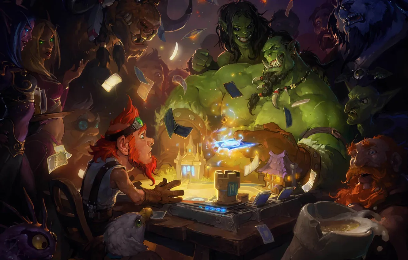 Фото обои стол, игра, деньги, арт, панда, World of Warcraft, гном, орк