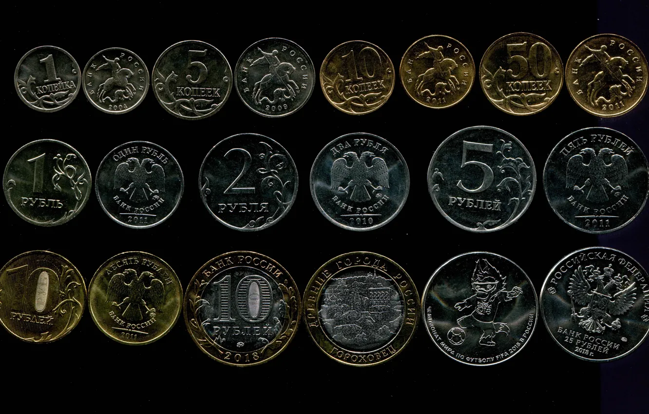 Фото обои Монеты, Черный фон, Россия, Деньги, Рубли, Копейка, 2, 5