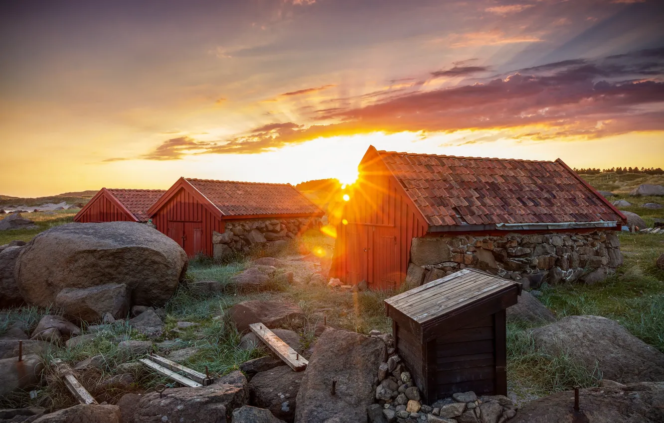 Фото обои солнце, камни, сарайчики