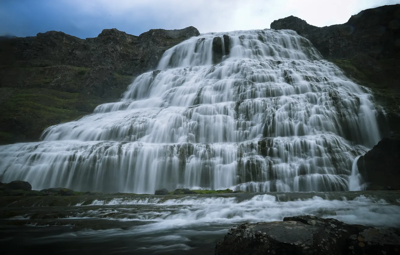 Фото обои скалы, водопад, поток, каскад, водоем