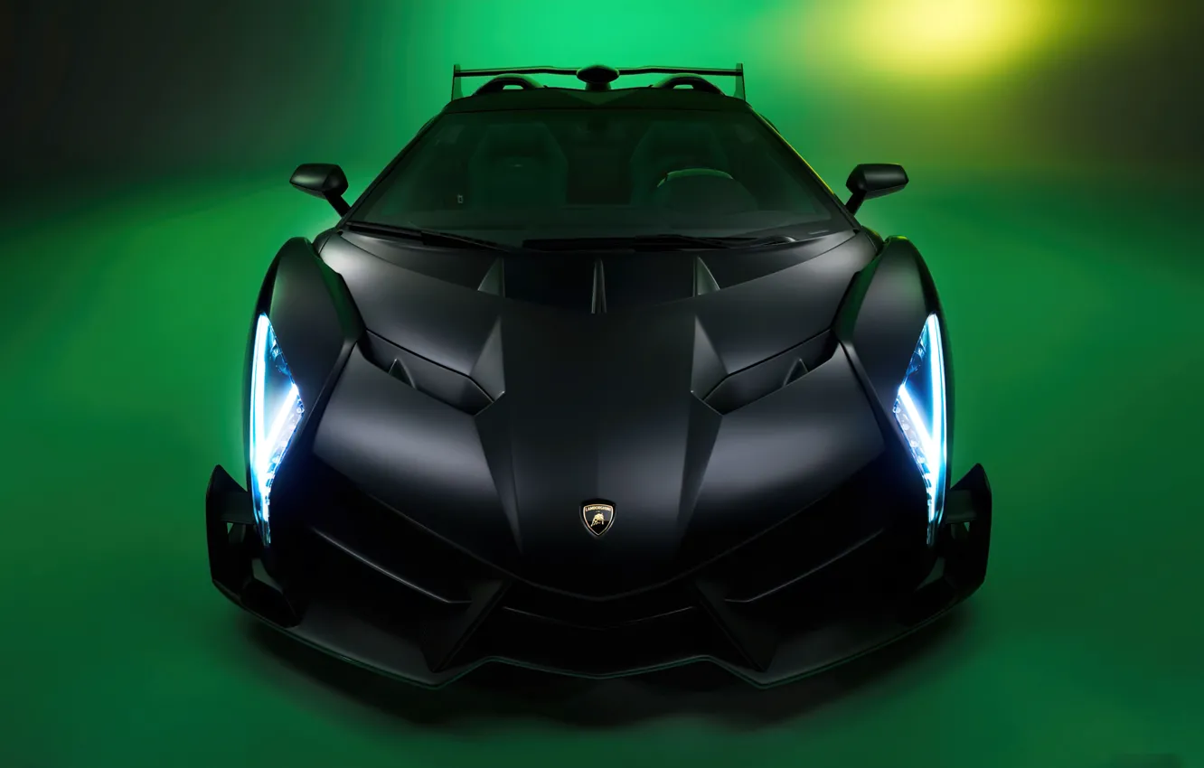 Фото обои мощь, зеленый фон, экстерьер, Lamborghini Veneno, обтекаемые формы, черный кузов