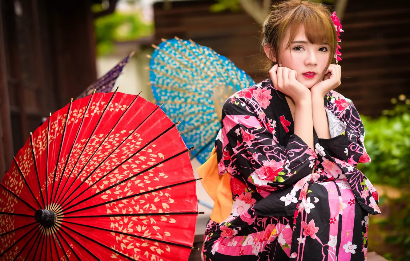 Фото обои взгляд, девушка, зонт, кимоно, азиатка