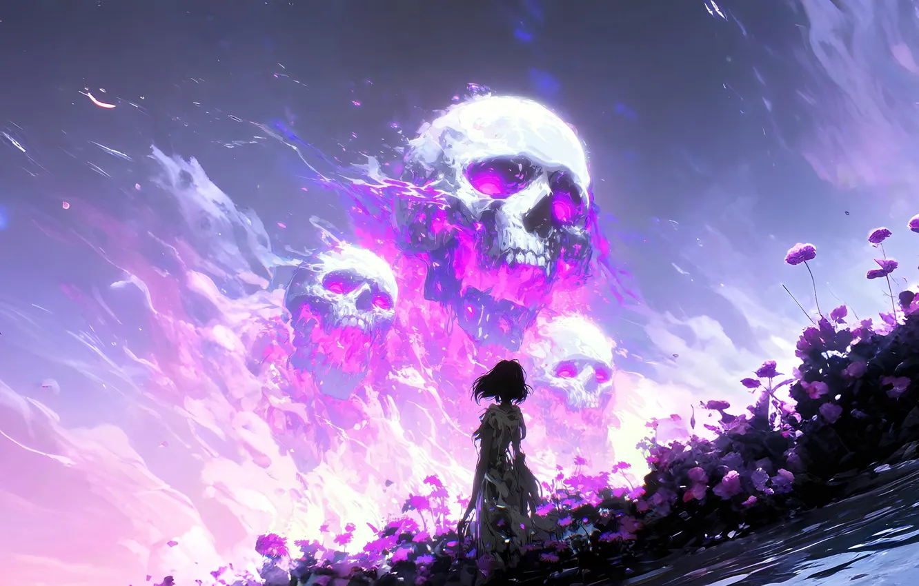 Фото обои skull, flowers, purple, lone figure, AI art
