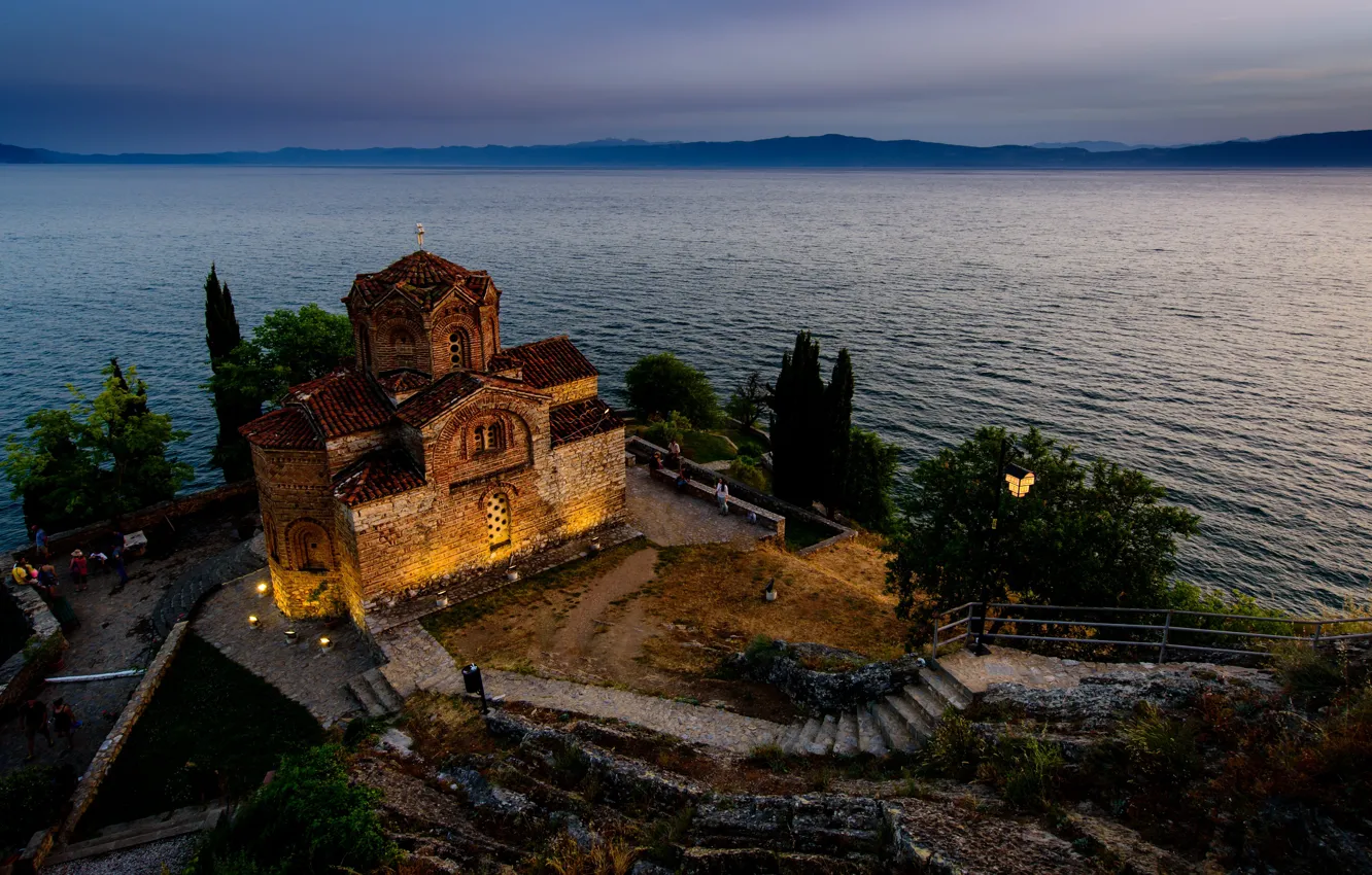 Фото обои пейзаж, природа, озеро, церковь, сумерки, Македония, Охрид