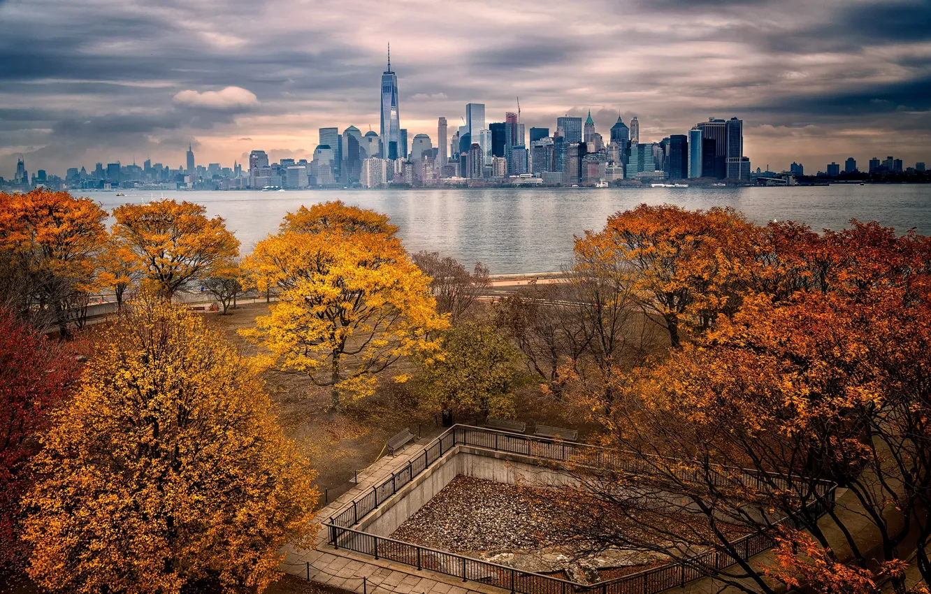 Фото обои осень, парк, Нью-Йорк, небоскребы, Манхэттен