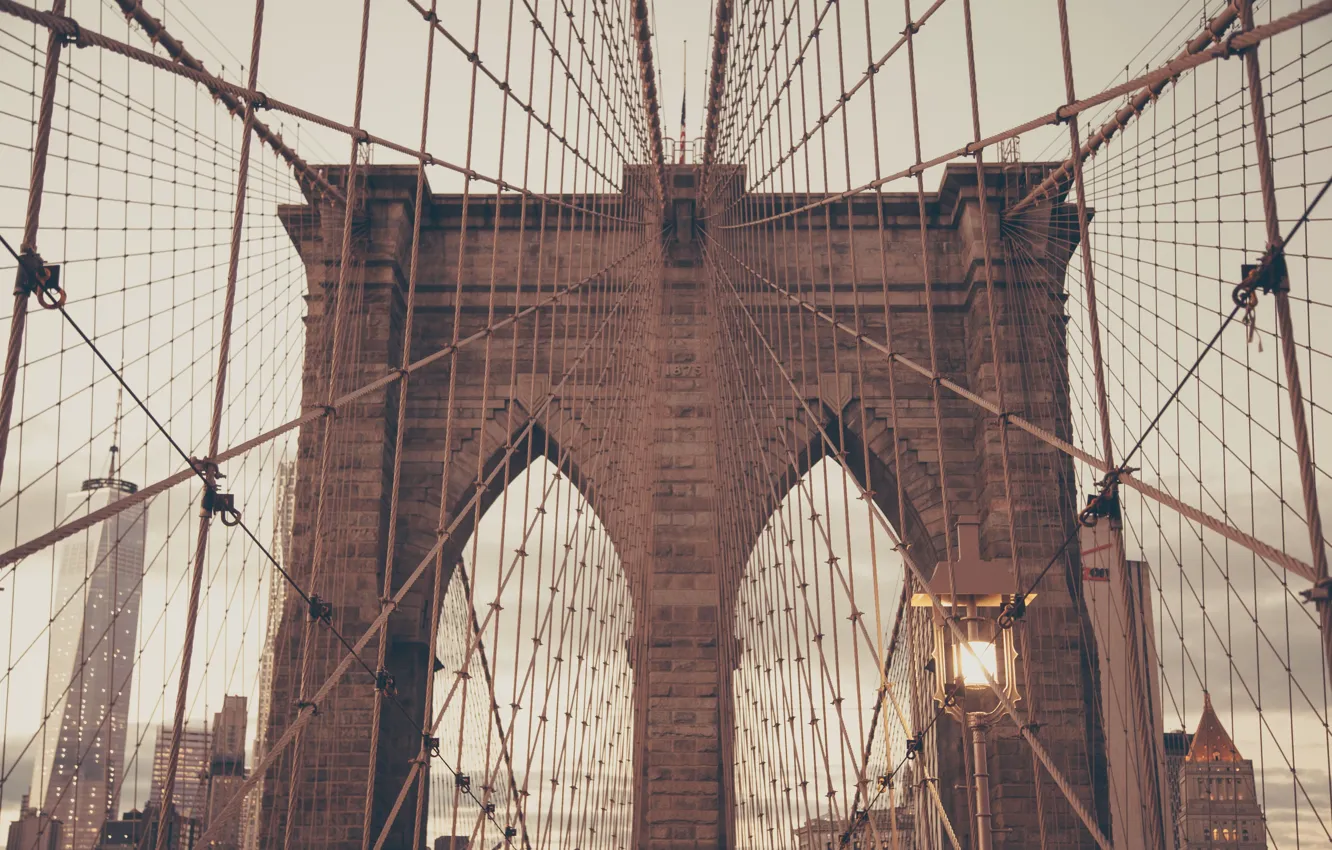 Фото обои мост, город, Нью-Йорк, Бруклин, USA, США, Америка, канаты