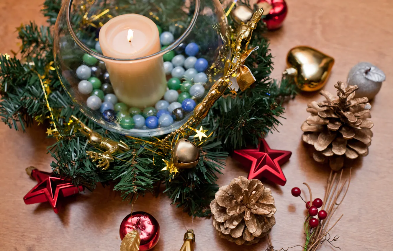Фото обои звезды, дерево, праздник, яблоки, игрушки, елка, свеча, Новый год