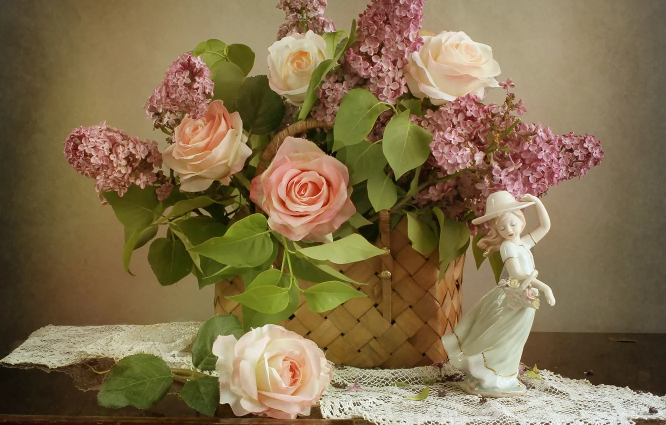 Фото обои цветок, девушка, цветы, корзина, роза, розы, статуэтка, сирень