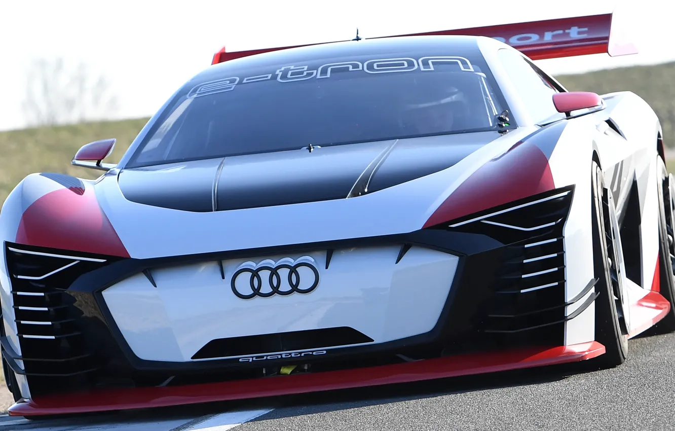 Фото обои Audi, гоночное авто, вид спереди, гоночный трек, 2018, Gran Turismo, E-Tron Vision