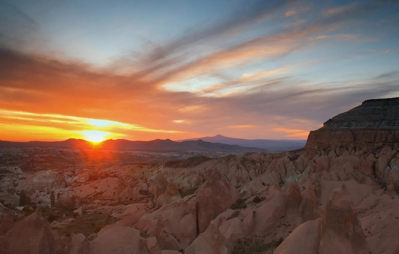 Фото обои солнце, закат, горы, скалы, каньон