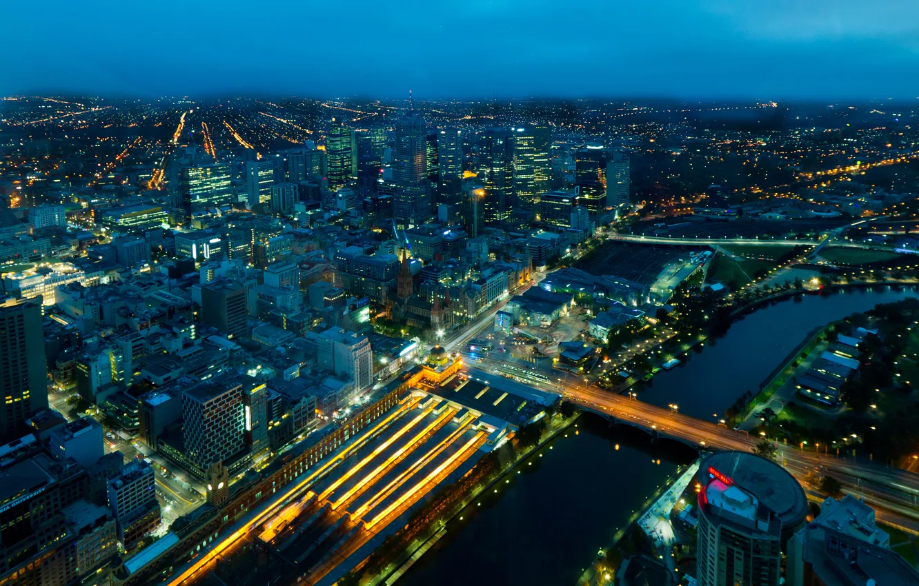 Фото обои ночь, мост, огни, река, улица, панорама, собор, Melbourne