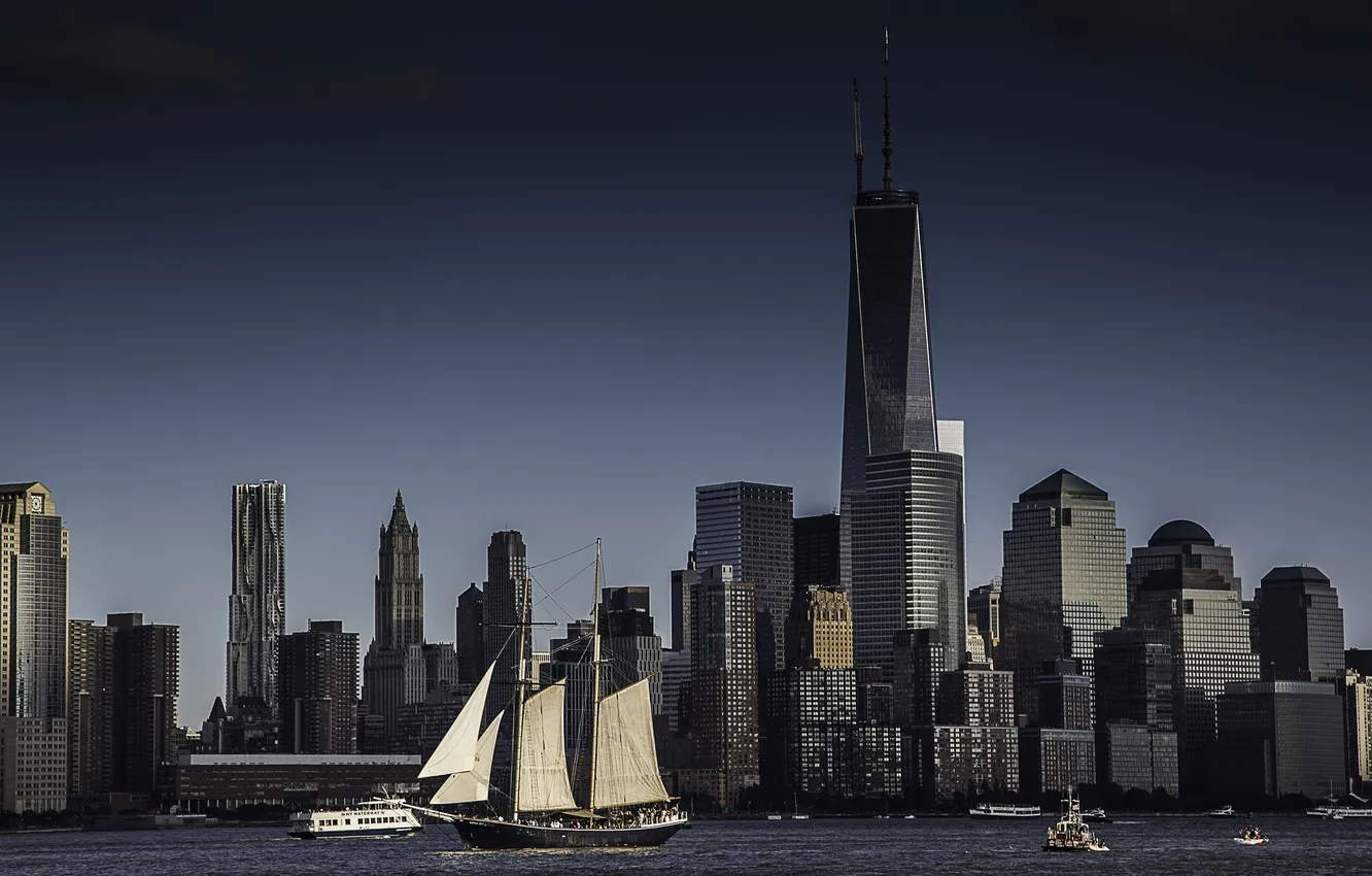 Фото обои город, океан, вид, корабли, Нью-Йорк, небоскребы, панорама, USA