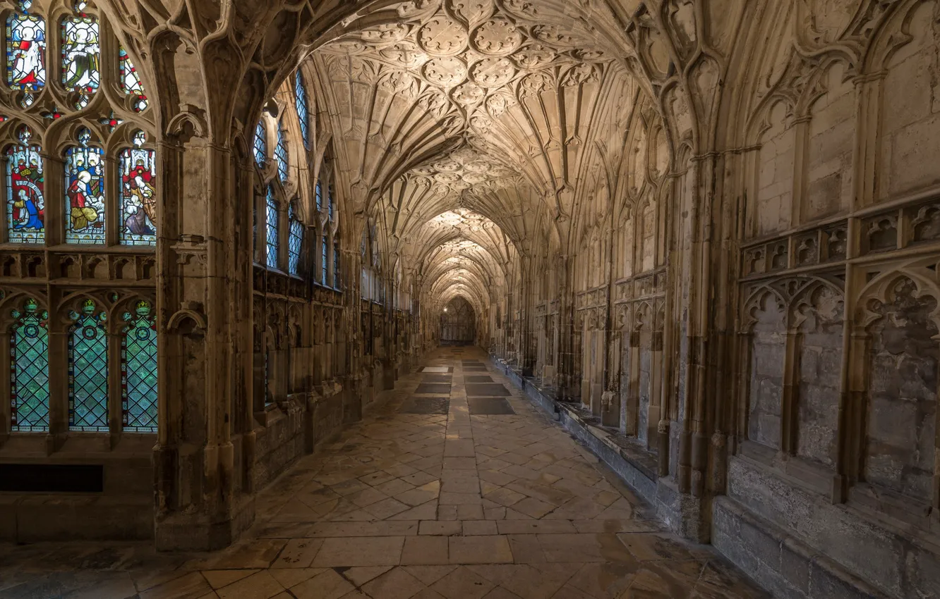 Фото обои Англия, коридор, арка, архитектура, неф, Глостерский собор