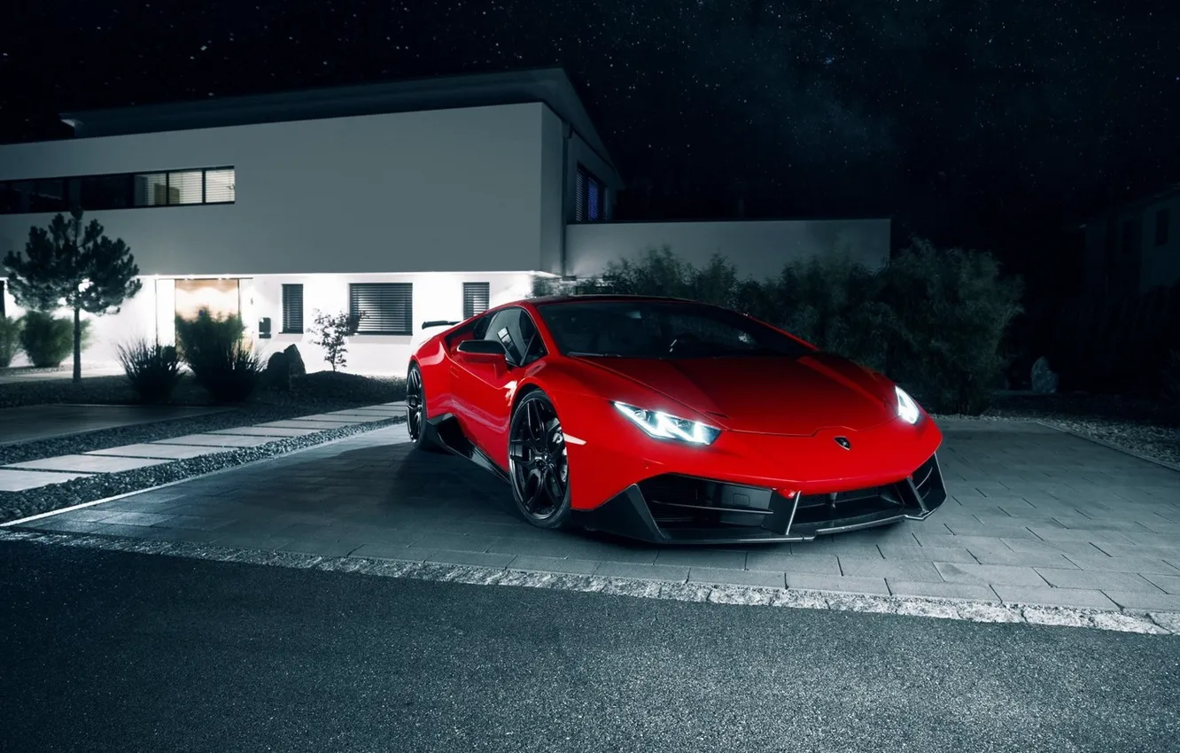 Фото обои ночь, красный, Lamborghini, Ламборджини, Novitec, Lamborghini Huracan