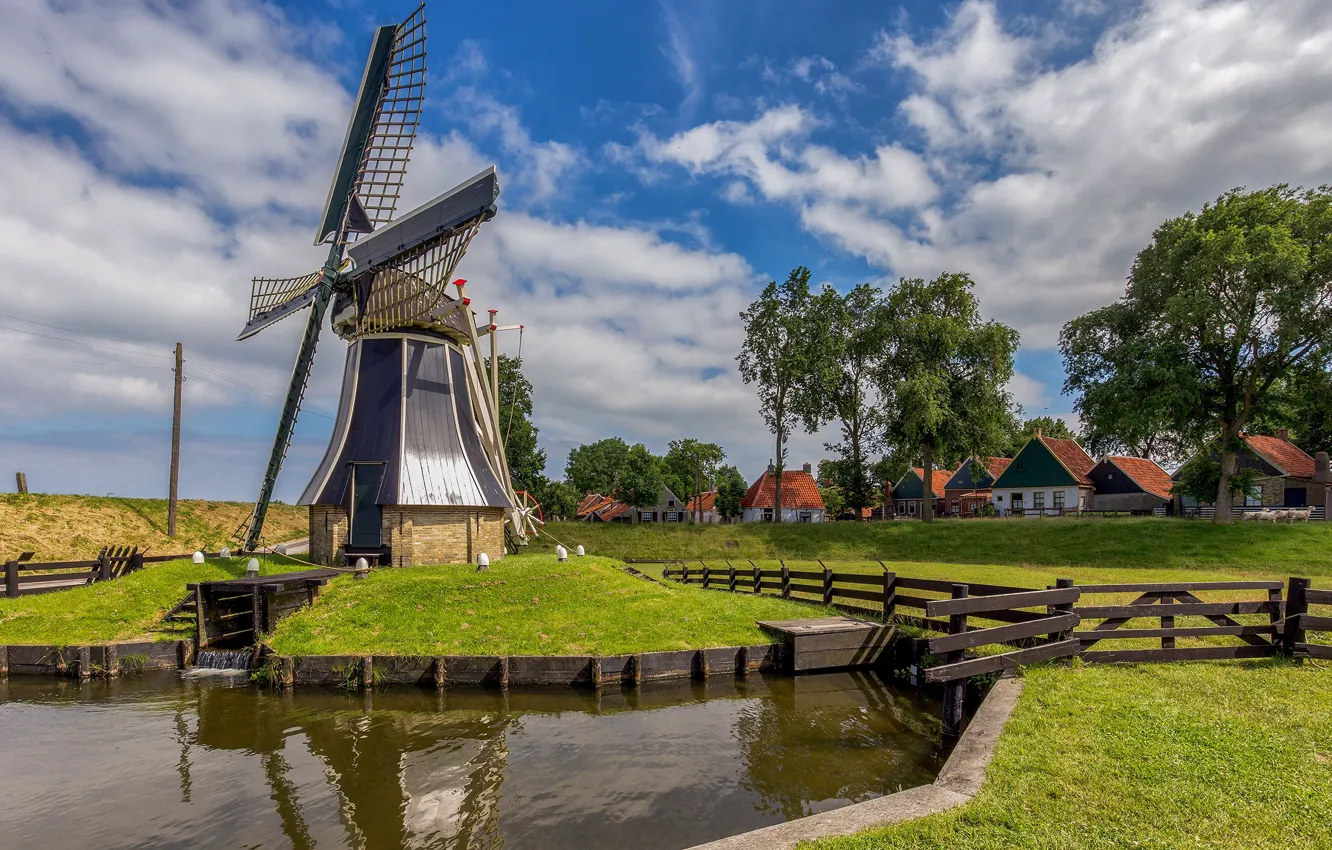 Фото обои лето, природа, дома, мельница, Нидерланды, водоем, Netherlands, Enkhuizen