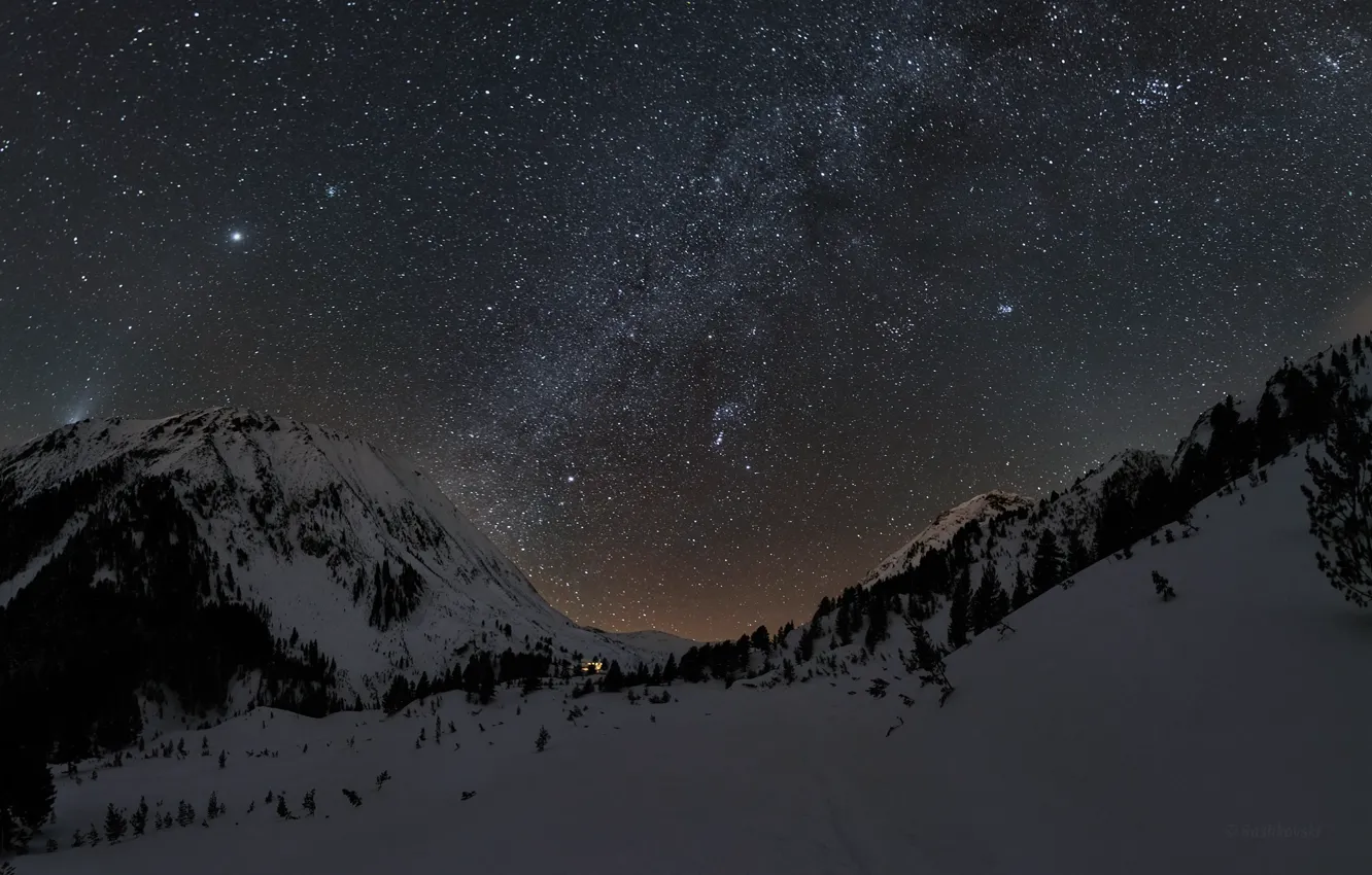 Фото обои зима, небо, звезды, снег, горы, ночь, млечный путь
