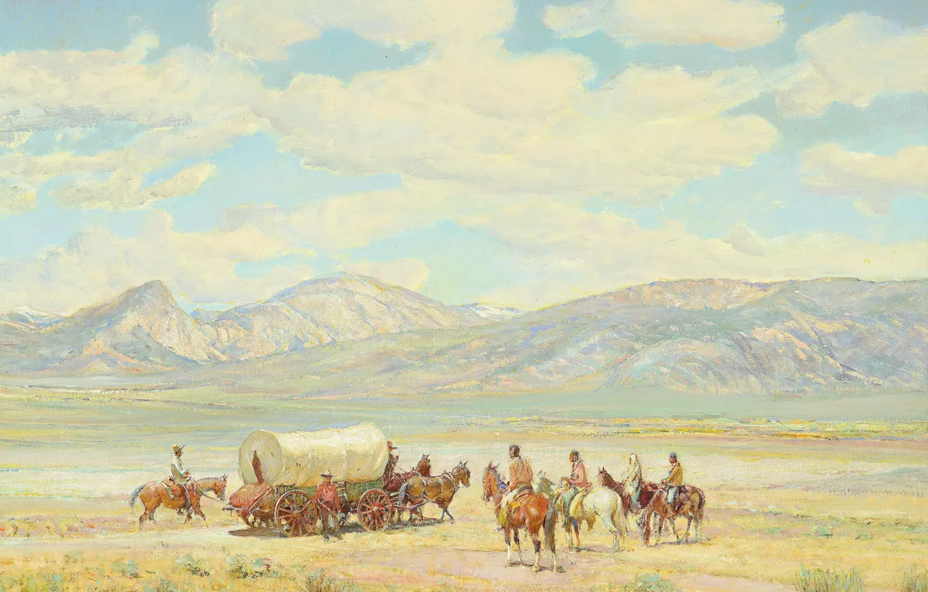 Фото обои горы, лошади, индейцы, повозки, дикий запад, Oscar Edmund Berninghaus, Homesteaders on Indian Land
