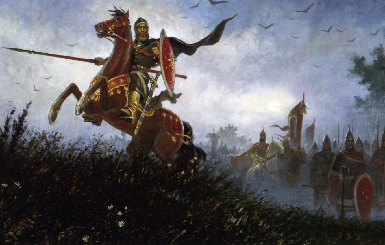 Фото обои конь, русь, славяне, Ольшанский Борис Михайлович, на поле Куликовом, Пересвет
