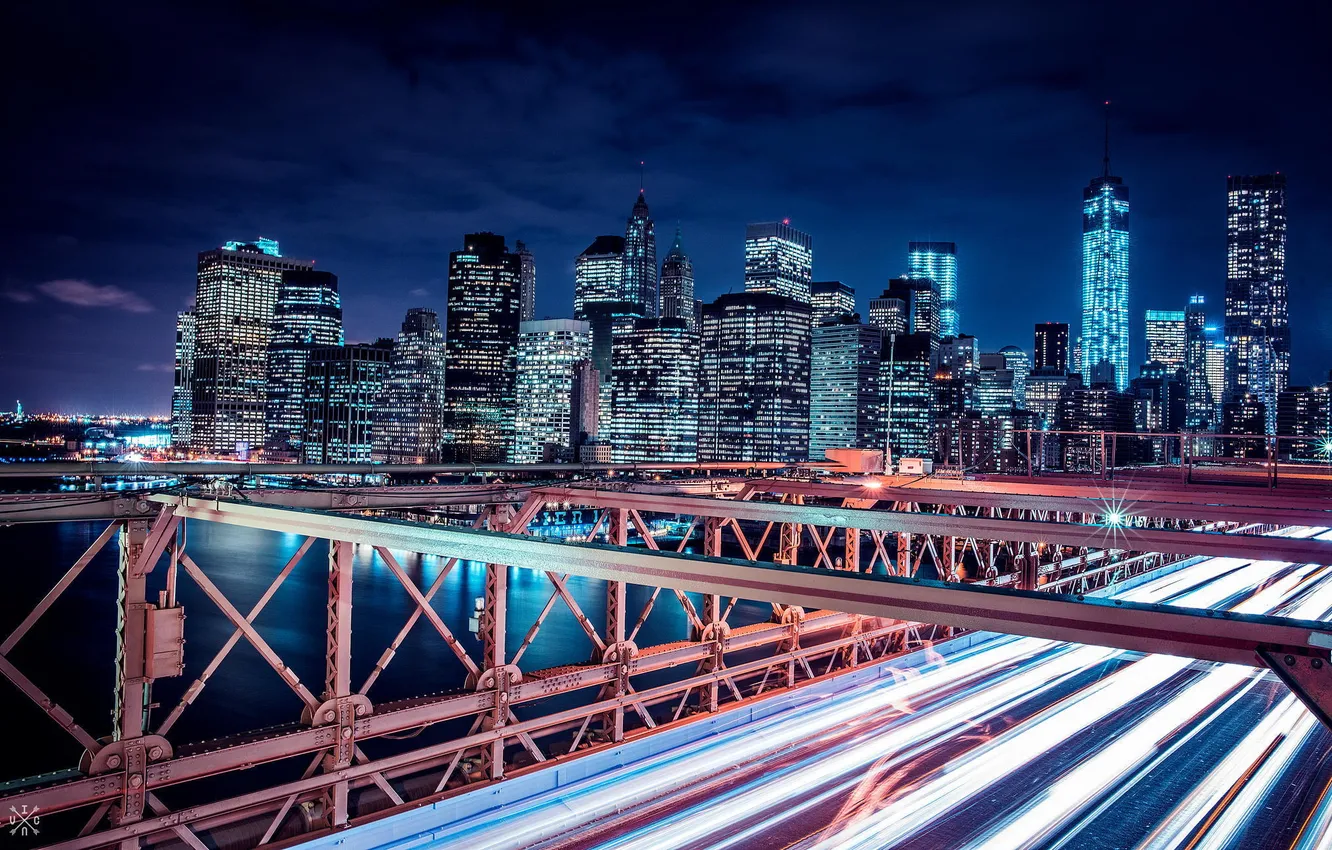 Фото обои ночь, мост, город, река, вид, здания, дома, Нью-Йорк
