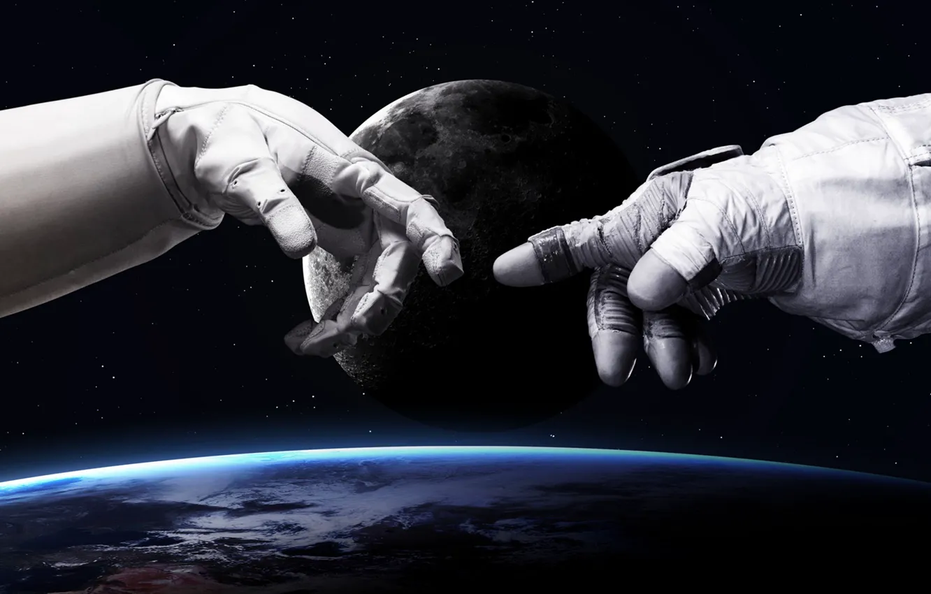Фото обои Звезды, Луна, Скафандр, Космос, Земля, Костюм, Руки, Moon