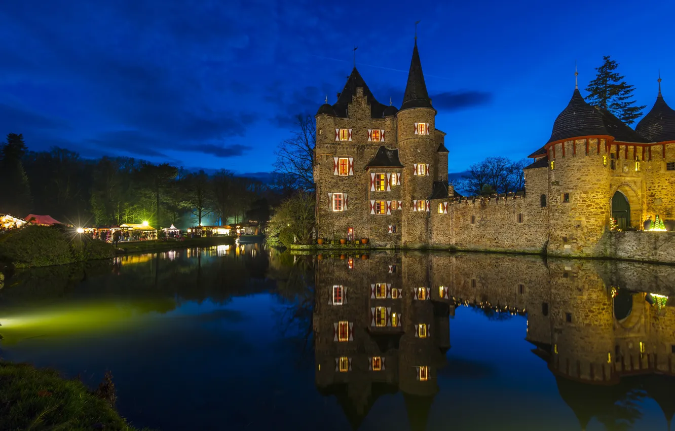 Фото обои огни, замок, вечер, Германия, Burg Satzvey, Мехерних