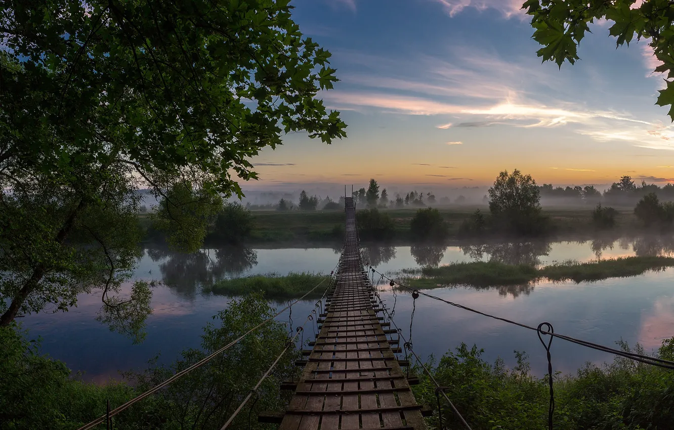 Фото обои деревья, пейзаж, мост, природа, туман, река, рассвет, утро