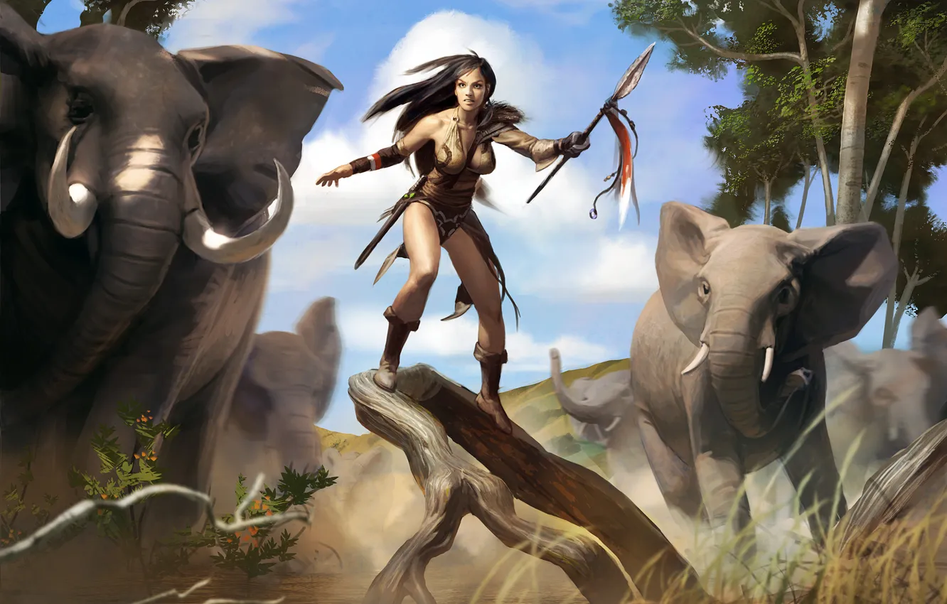 Фото обои девушка, слон, воин, саванна, копье, воительница, охотница, Magic the Gathering