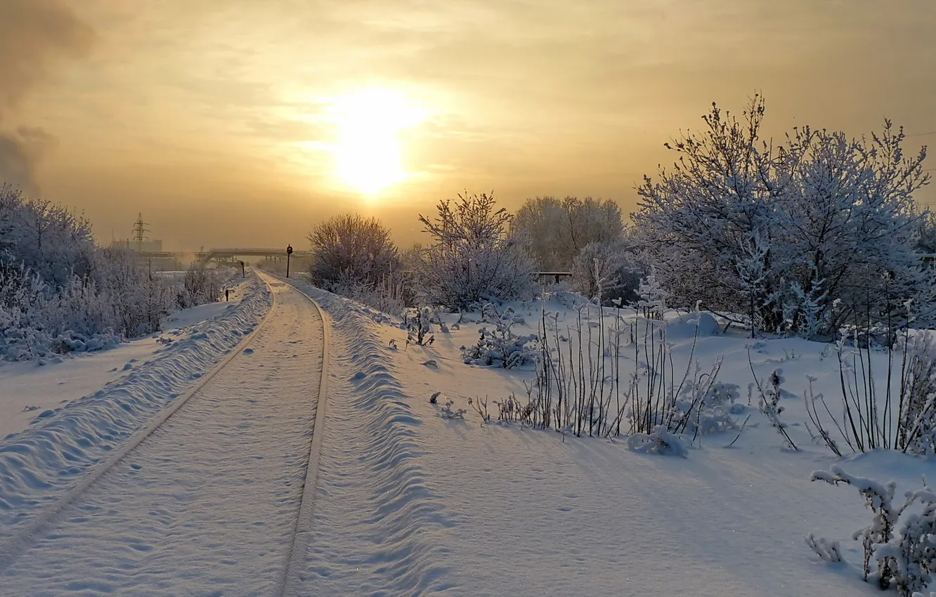 Фото обои зима, свет, пейзаж, утро, железная дорога
