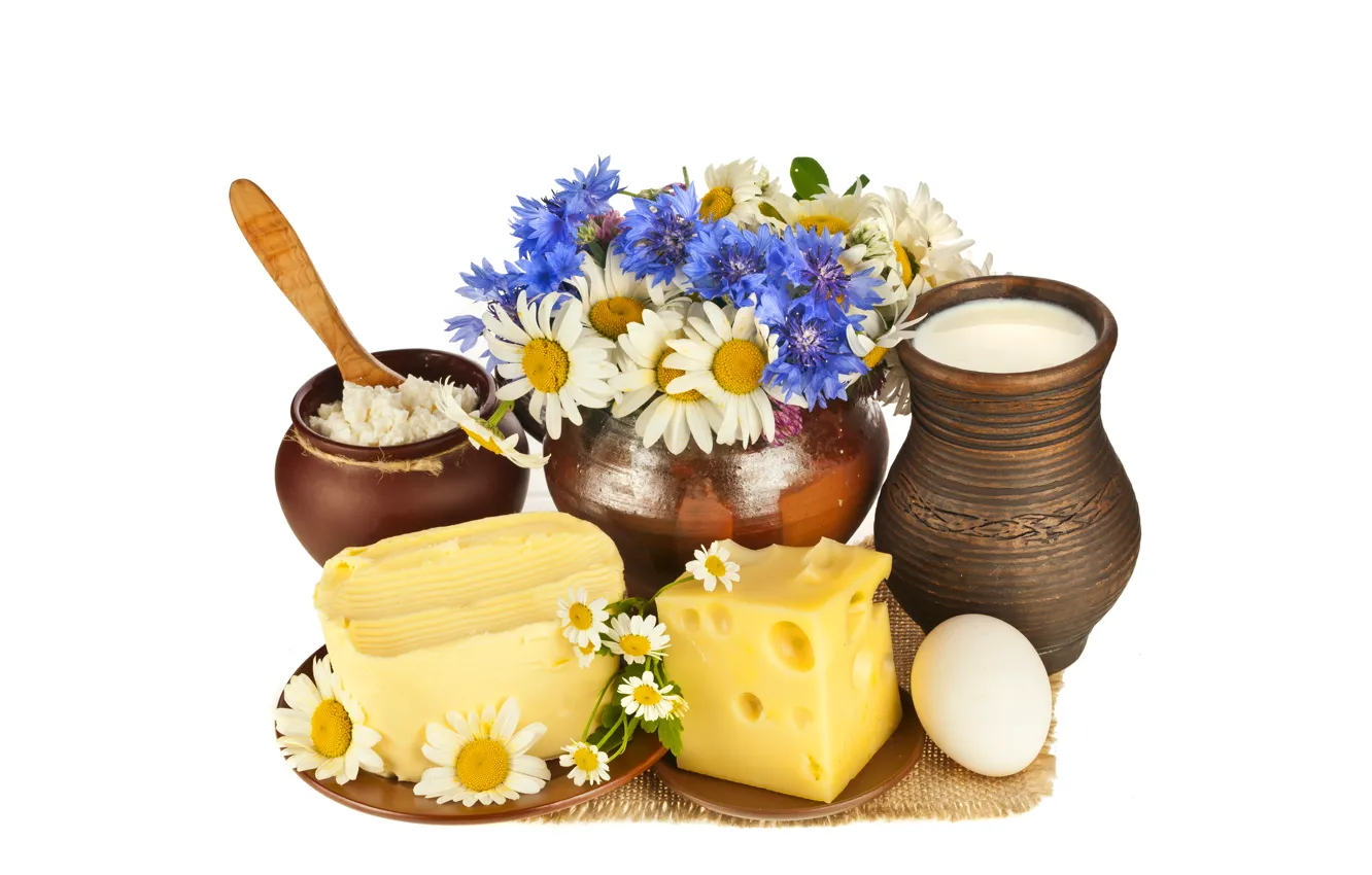 Фото обои цветы, яйцо, масло, ромашки, букет, сыр, молоко, блюдца