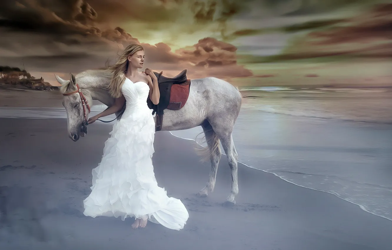 Фото обои море, девушка, конь, берег