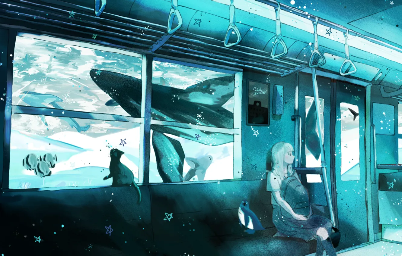Фото обои кошка, девушка, поезд, фэнтези, пингвин, под водой