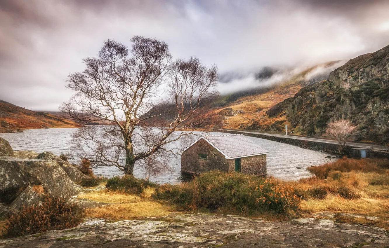 Фото обои горы, озеро, дом, камни, дерево, Уэльс