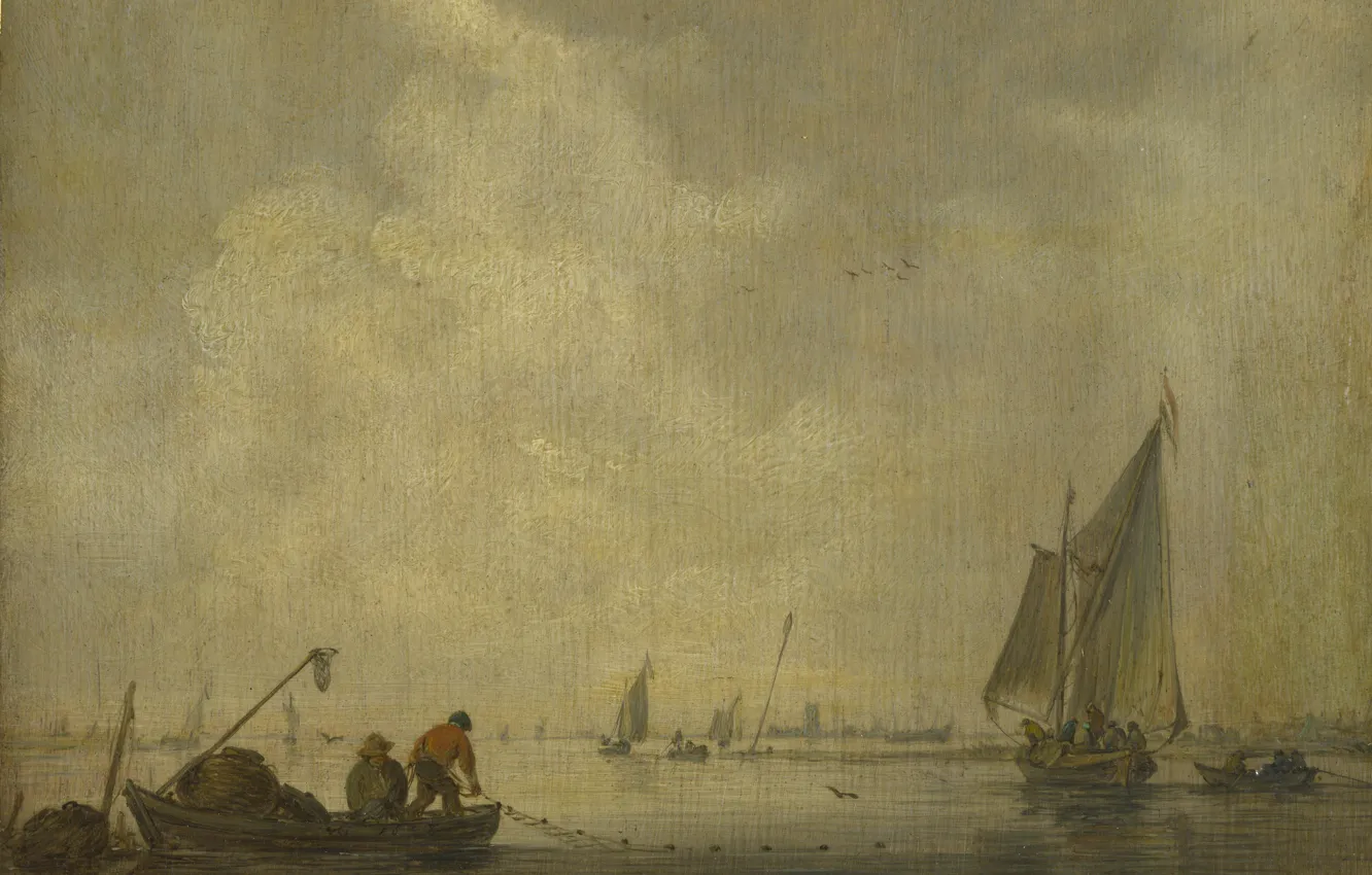 Фото обои пейзаж, картина, Jan van Goyen, Ян ван Гойен, Речная сцена с рыбаками убирающими сеть