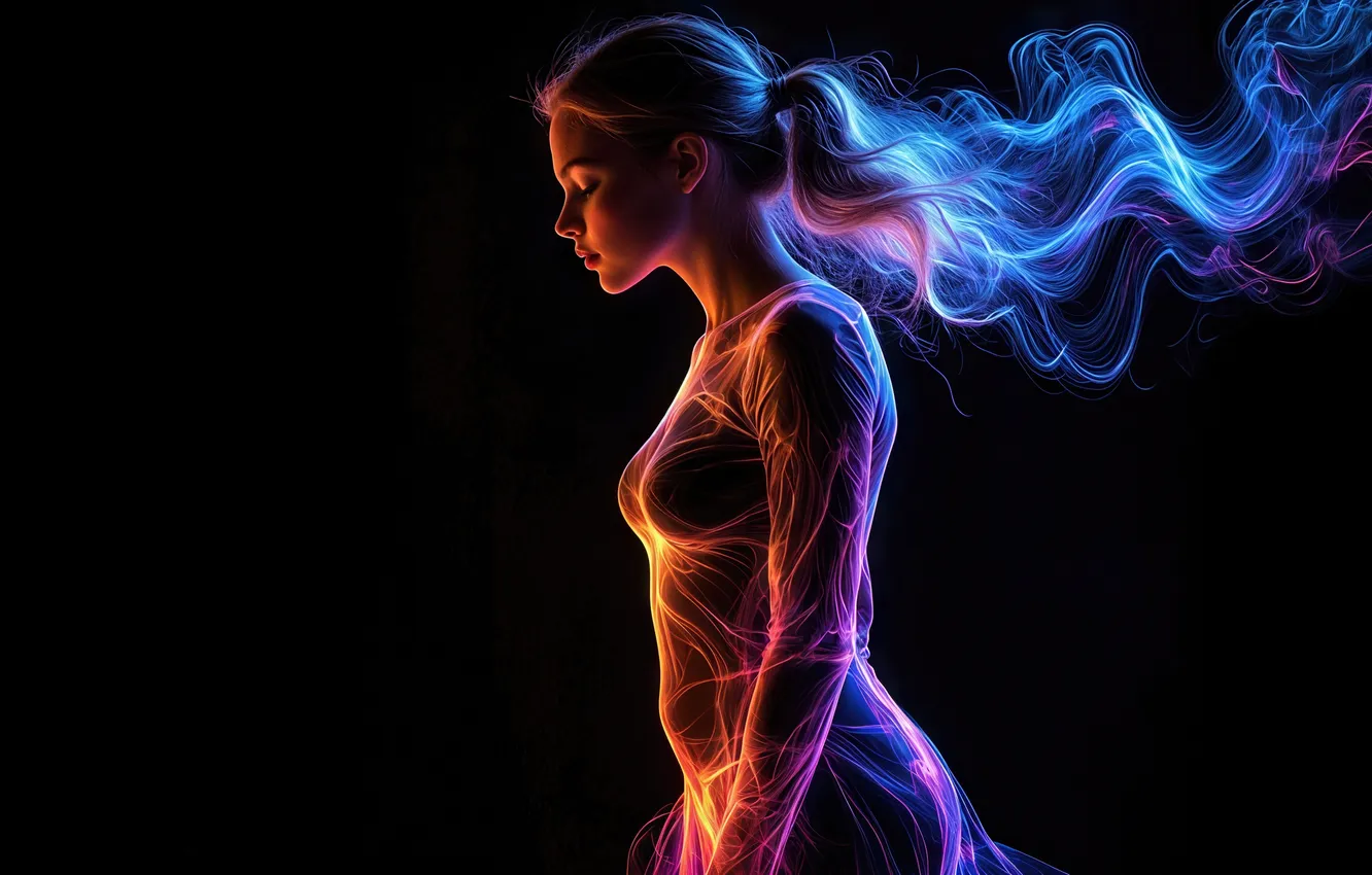 Фото обои light, lines, female, silhouette, profile, neon