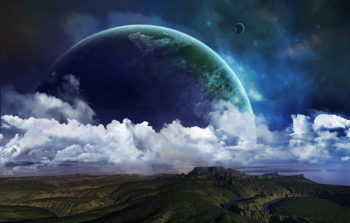 Фото обои звезды, облака, поверхность, холмы, планета, спутники, реки, рельеф