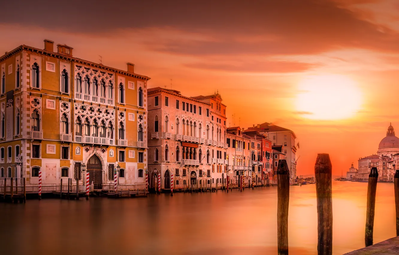 Фото обои дома, вечер, Италия, Венеция, собор, канал, санта-мария-делла-салюте